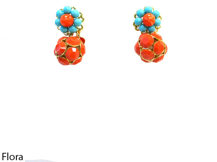 ORECCHINO PENDENTE CORTO FLORA AZZURRO E CORALLO