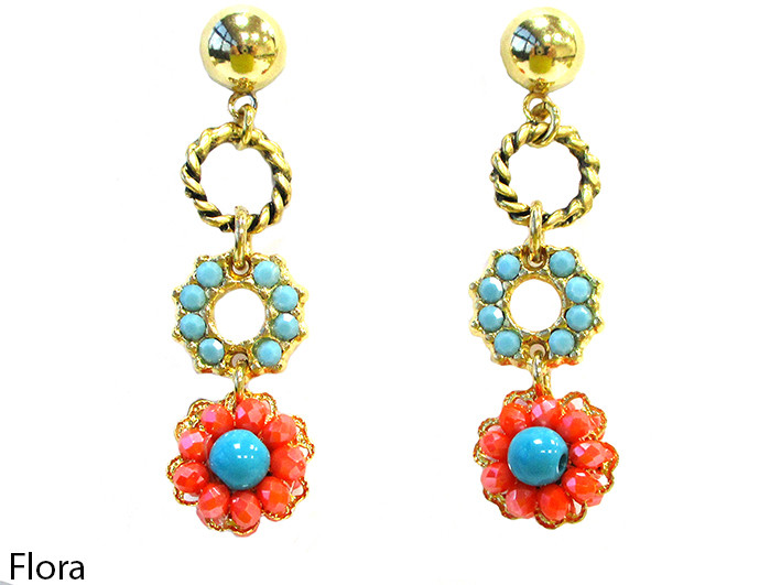 ORECCHINO A PERNO FLORA CON FIORI AZZURRO E CORALLO