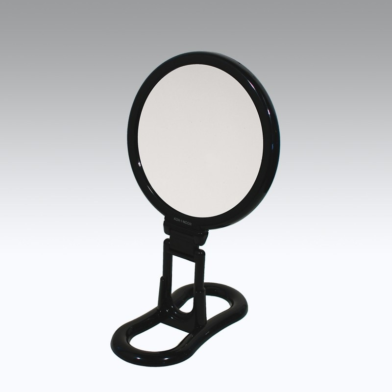 Specchio bifacciale con ingrandimento x 3, manico pieghevole e supporto da tavolo. Ø18cm.Colore nero