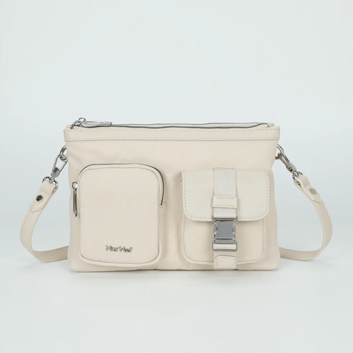 BORSA TRACOLLA A 2 BUSTE IN NYLON CON TASCHE BEIGE