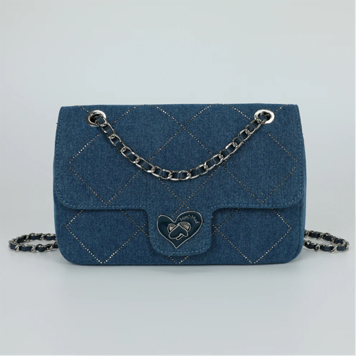 BORSA A SPALLA IN JEANS CON STRASS BLU SCURO