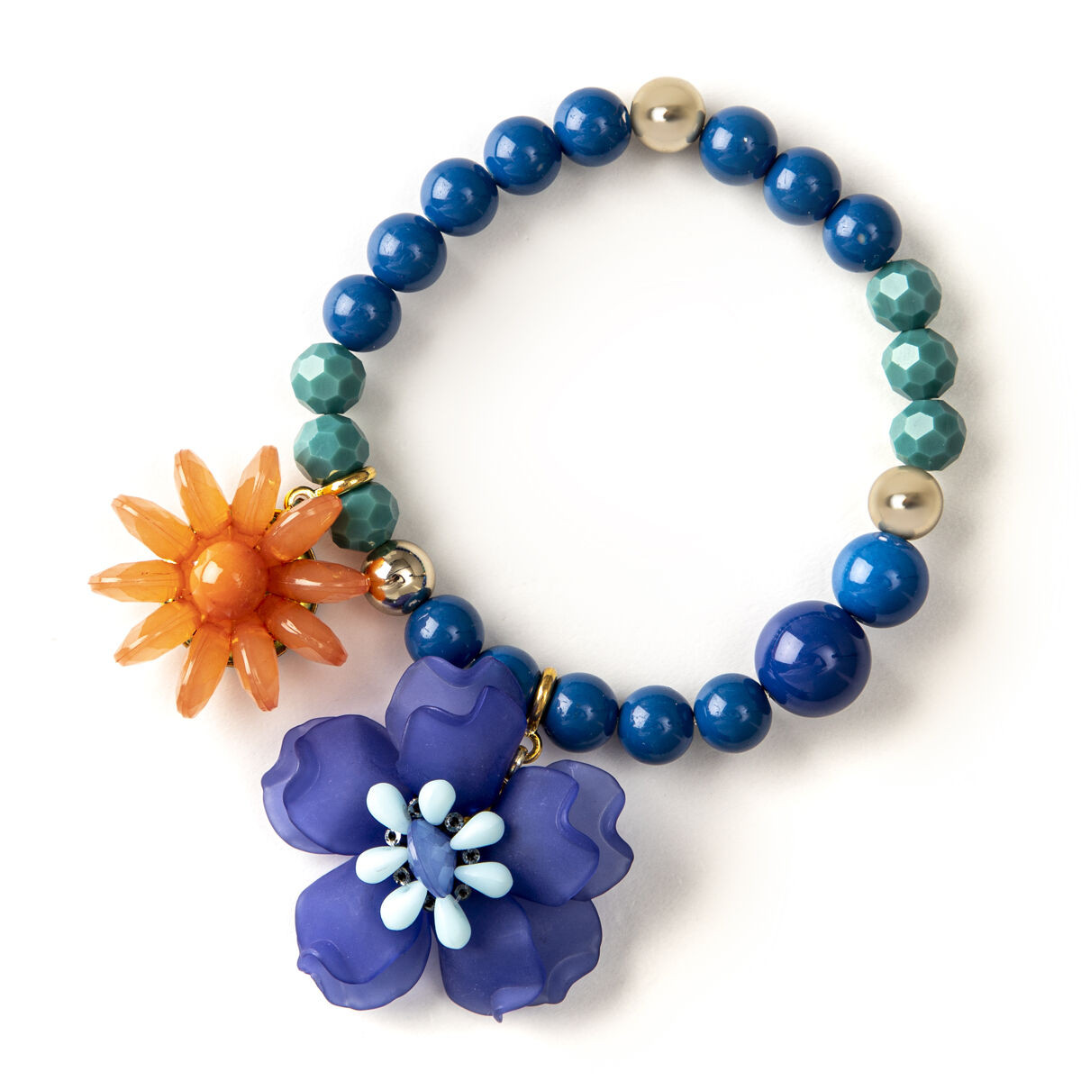 BRACCIALE ELASTICO CON PERLINE E FIORI PENDENTI ARANCIO E BLU ART.861518H