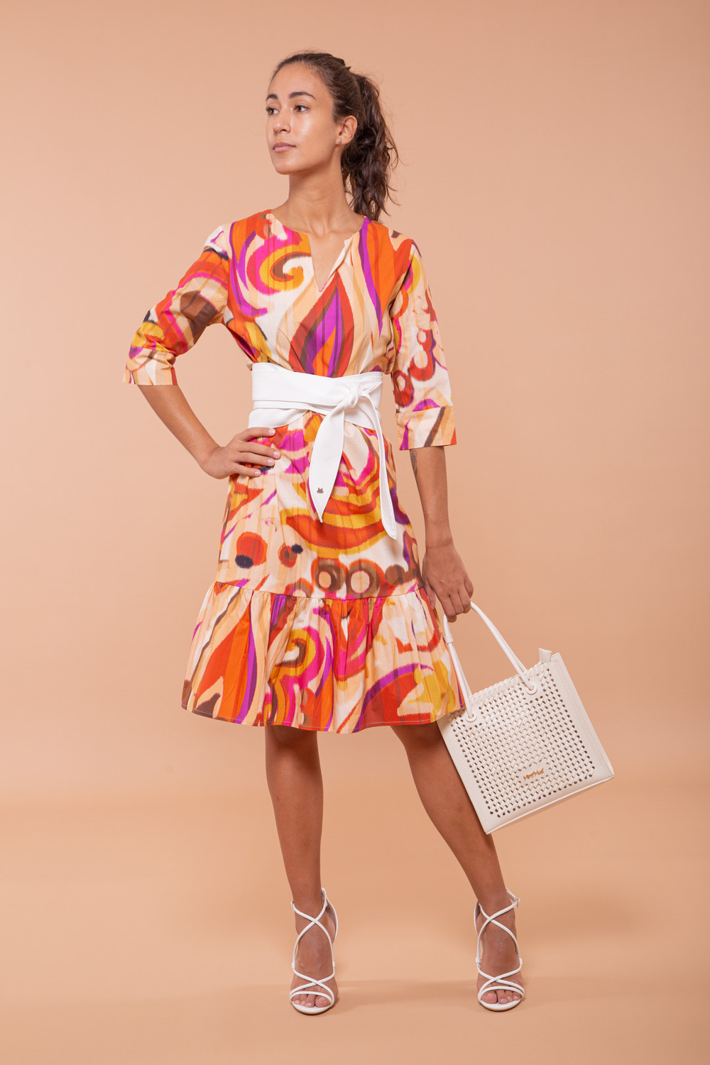 ABITO MIDI CON MANICHE A 3/4 FANTASIA IKAT FUXIA ARANCIO TG. XXL