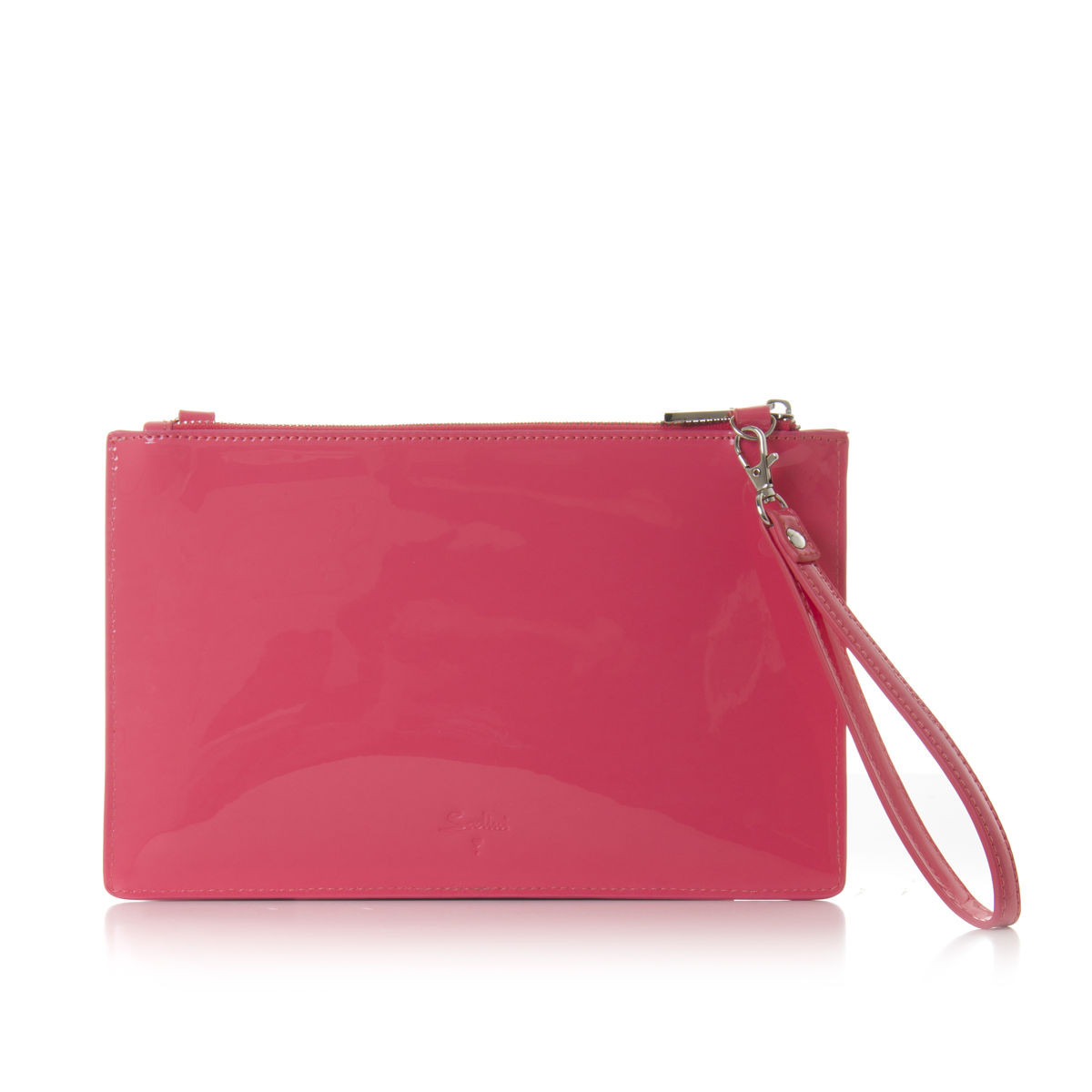 POCHETTE CON POLSIERA E TRACOLLA CATENA PER DOPPIA PORTABILITÀ IN VERNICE FUCSIA