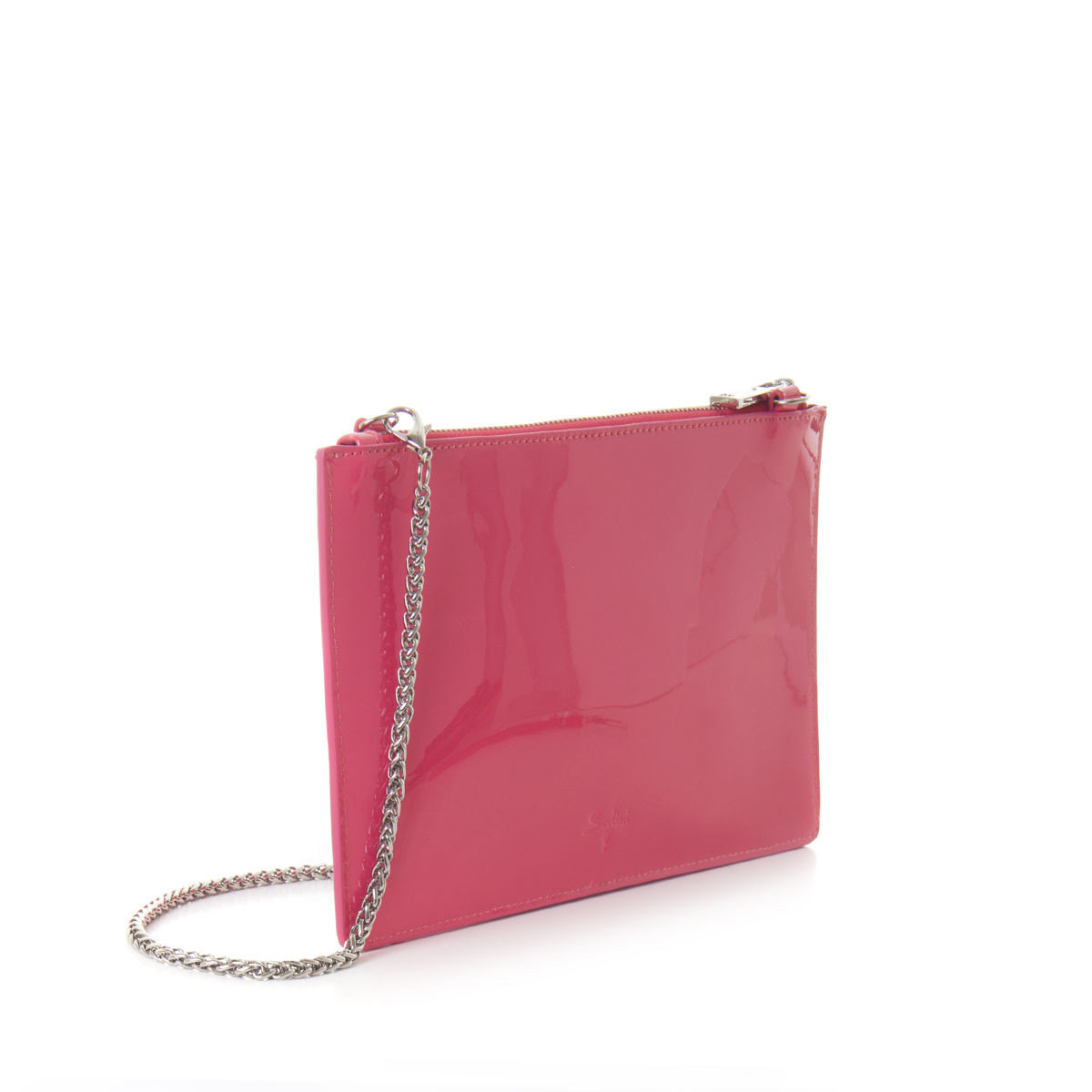 POCHETTE CON POLSIERA E TRACOLLA CATENA PER DOPPIA PORTABILITÀ IN VERNICE FUCSIA