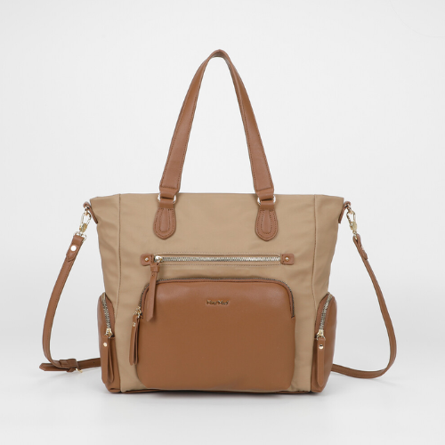 BORSA A SACCA IN NYLON CON DETTAGLI IN PU BEIGE