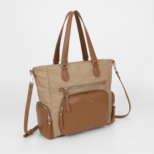 BORSA A SACCA IN NYLON CON DETTAGLI IN PU BEIGE