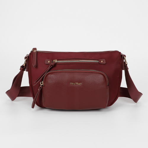 BORSA A TRACOLLA IN NYLON CON DETTAGLI IN PU BURGUNDY