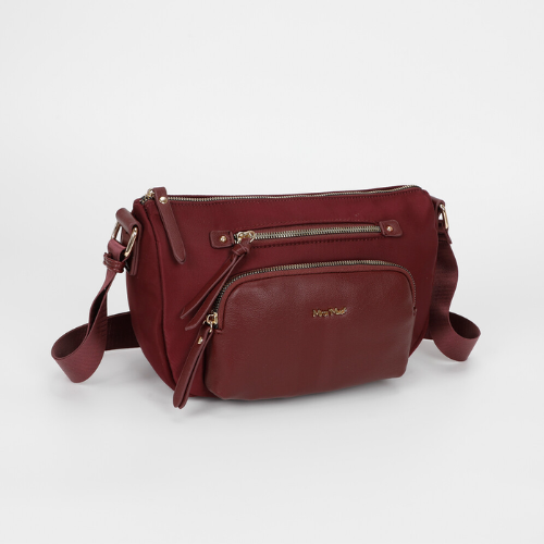 BORSA A TRACOLLA IN NYLON CON DETTAGLI IN PU BURGUNDY