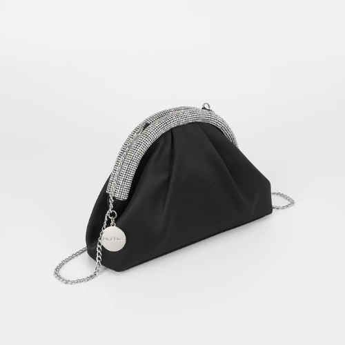 BORSA CLUTCH IN RASO CON BORDO DI STRASS NERA