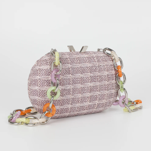 BORSA CLUTCH PAGLIA CON CATENA COLORATA LILLA 