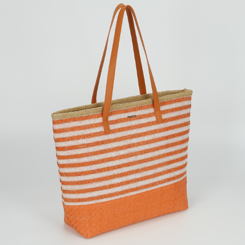 BORSA SHOPPER A RIGHE IN STRAW PAPER ARANCIO 