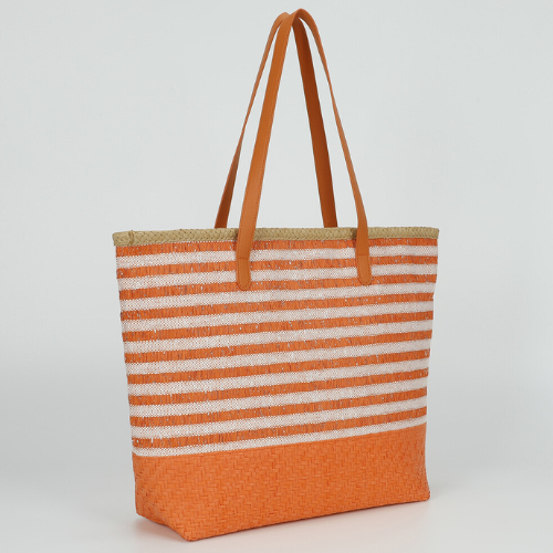 BORSA SHOPPER A RIGHE IN STRAW PAPER ARANCIO 