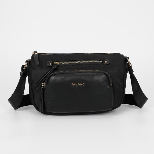 BORSA A TRACOLLA IN NYLON CON DETTAGLI IN PU NERO