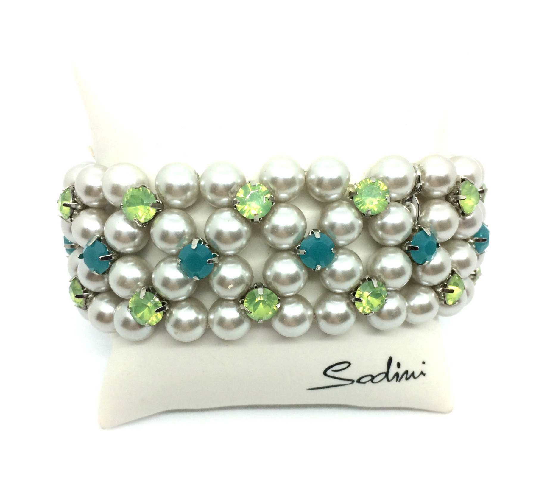 bracciale elastico alto con perle e cristalli verdi e azzurri art. 461206DS