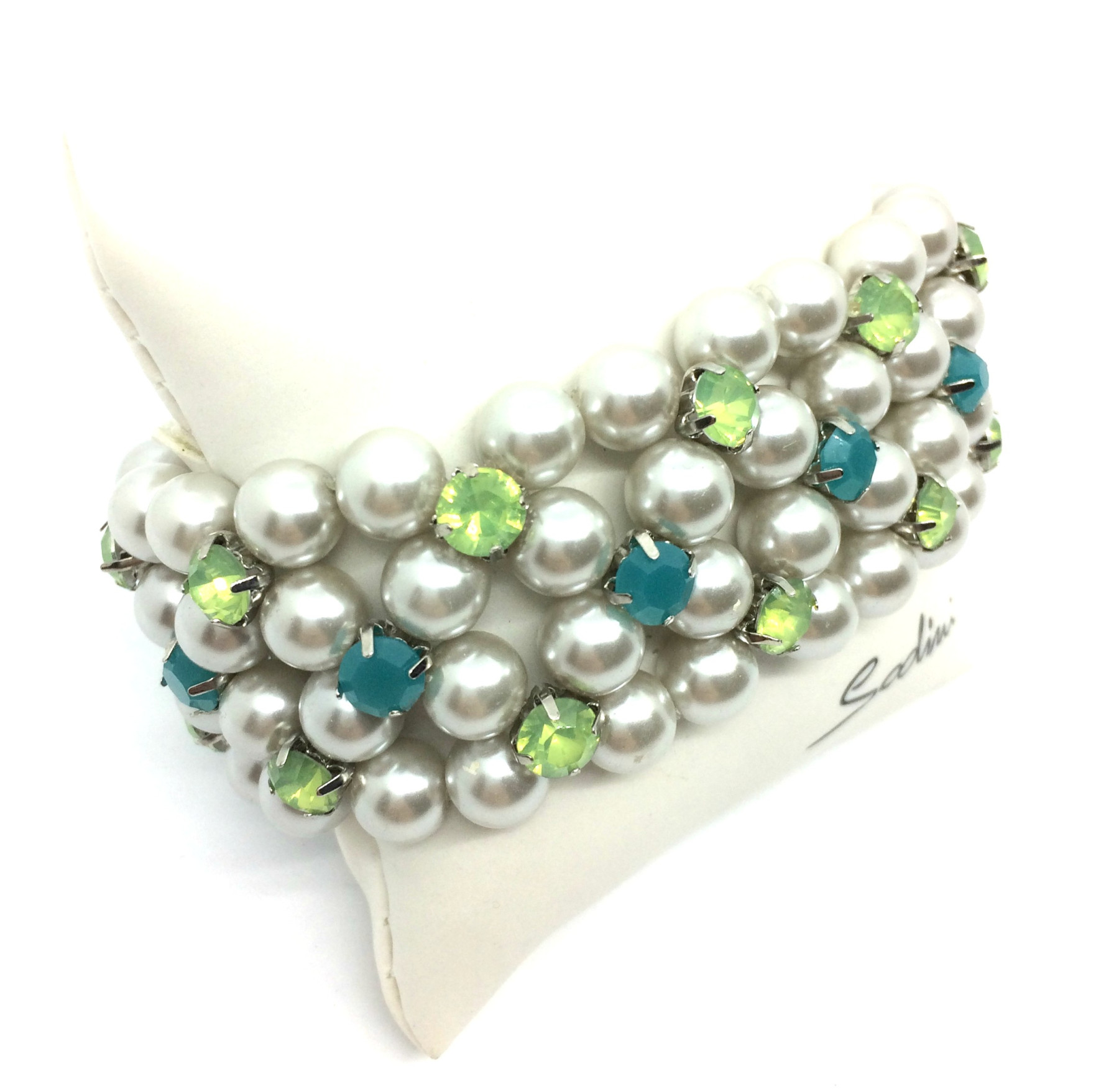 bracciale elastico alto con perle e cristalli verdi e azzurri art. 461206DS