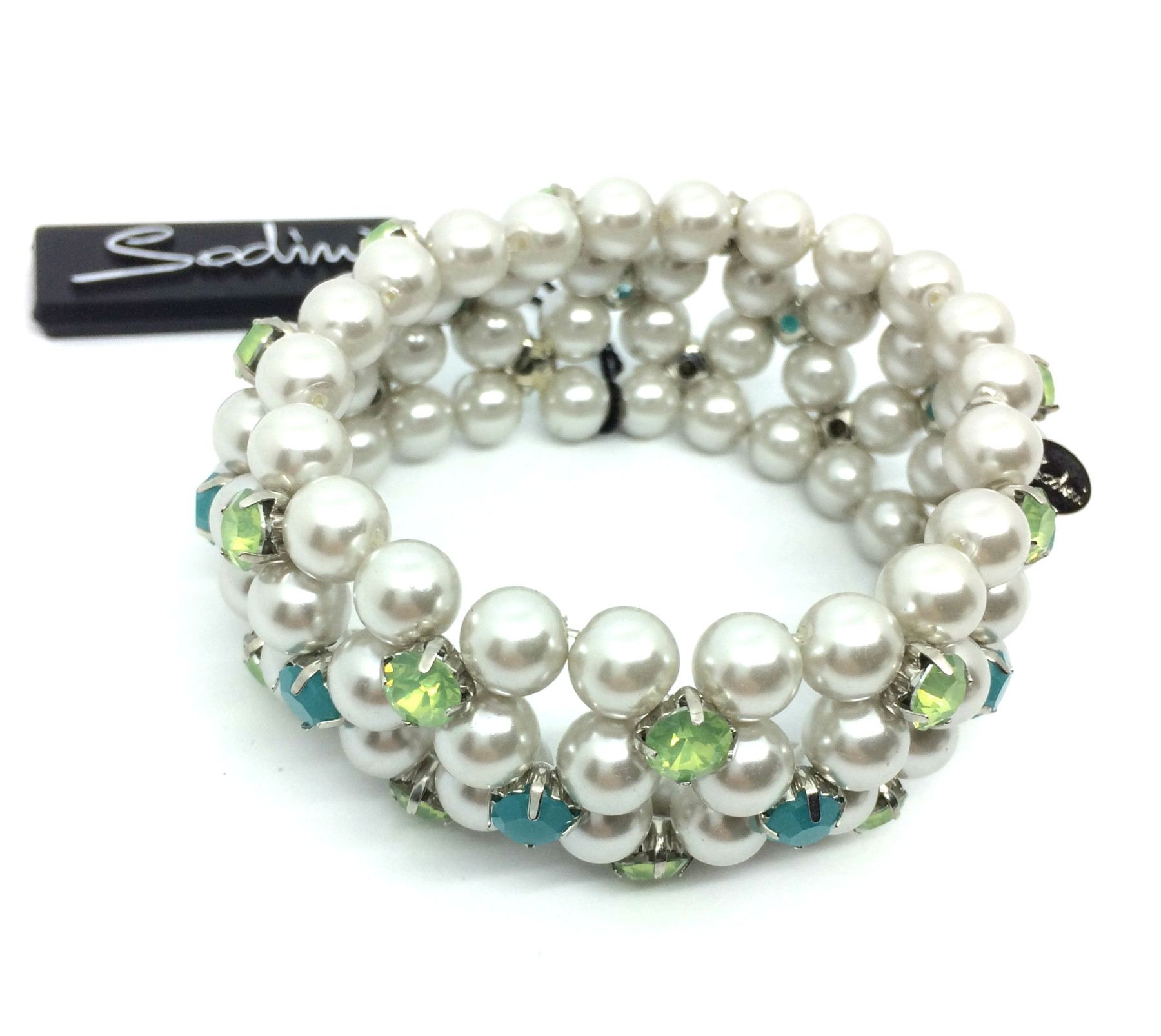 bracciale elastico alto con perle e cristalli verdi e azzurri art. 461206DS
