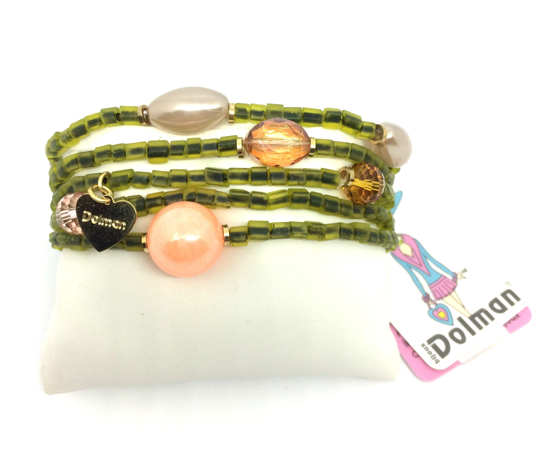bracciale elastico multifilo verde e perle rosa art.  460333B