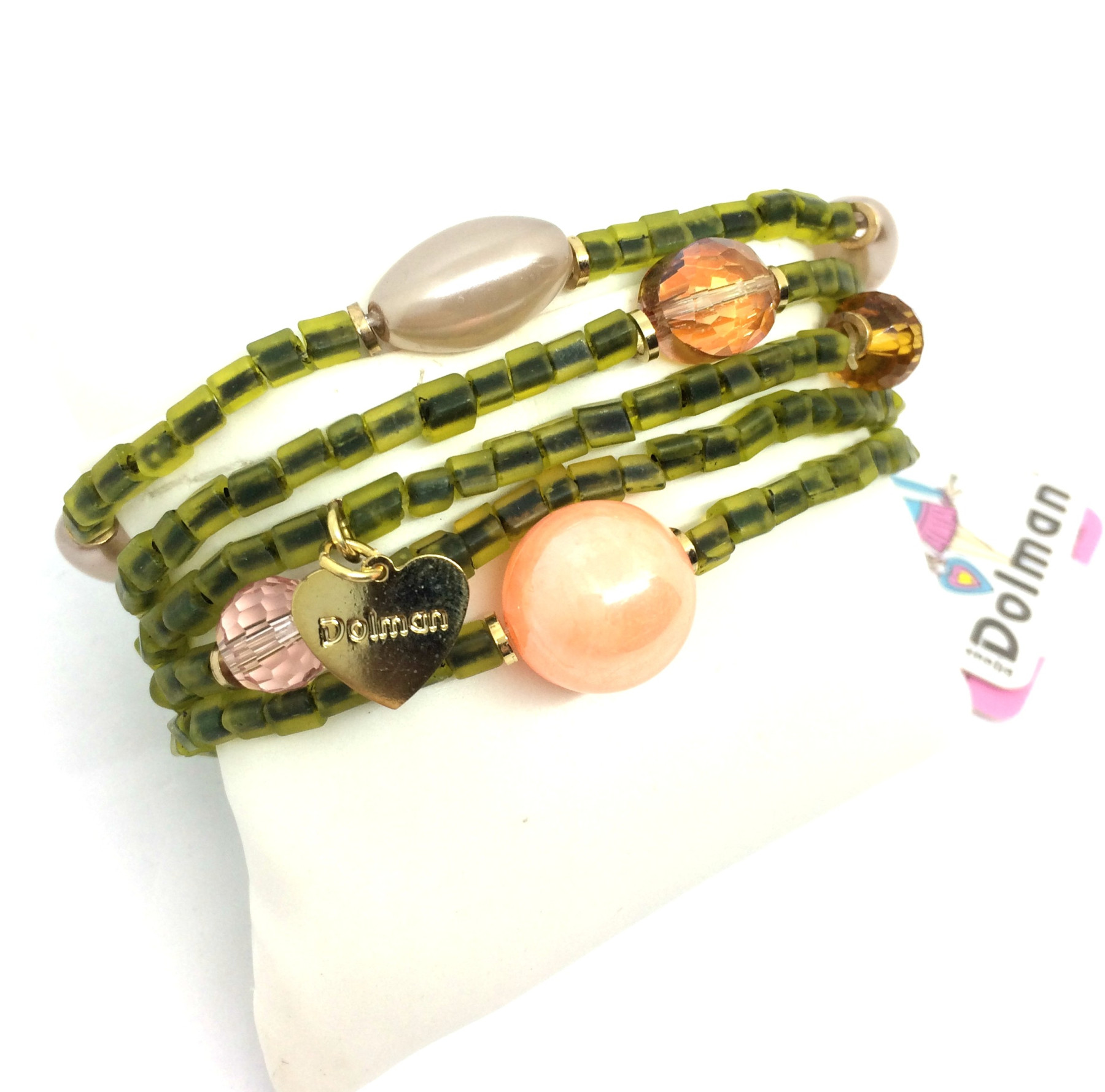 bracciale elastico multifilo verde e perle rosa art.  460333B