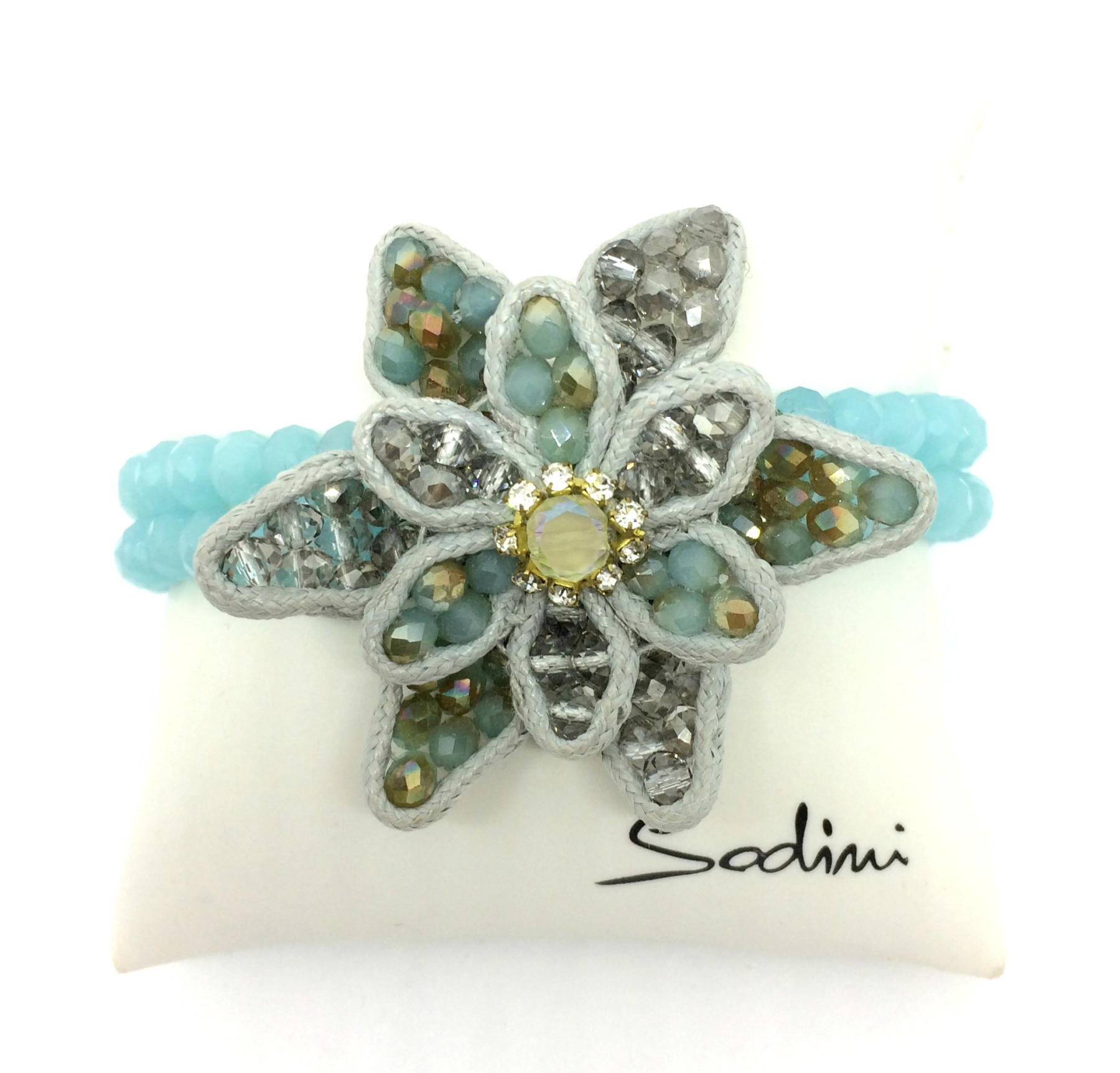 bracciale elastico con fiore di cristalli celeste e grigio art. B000180