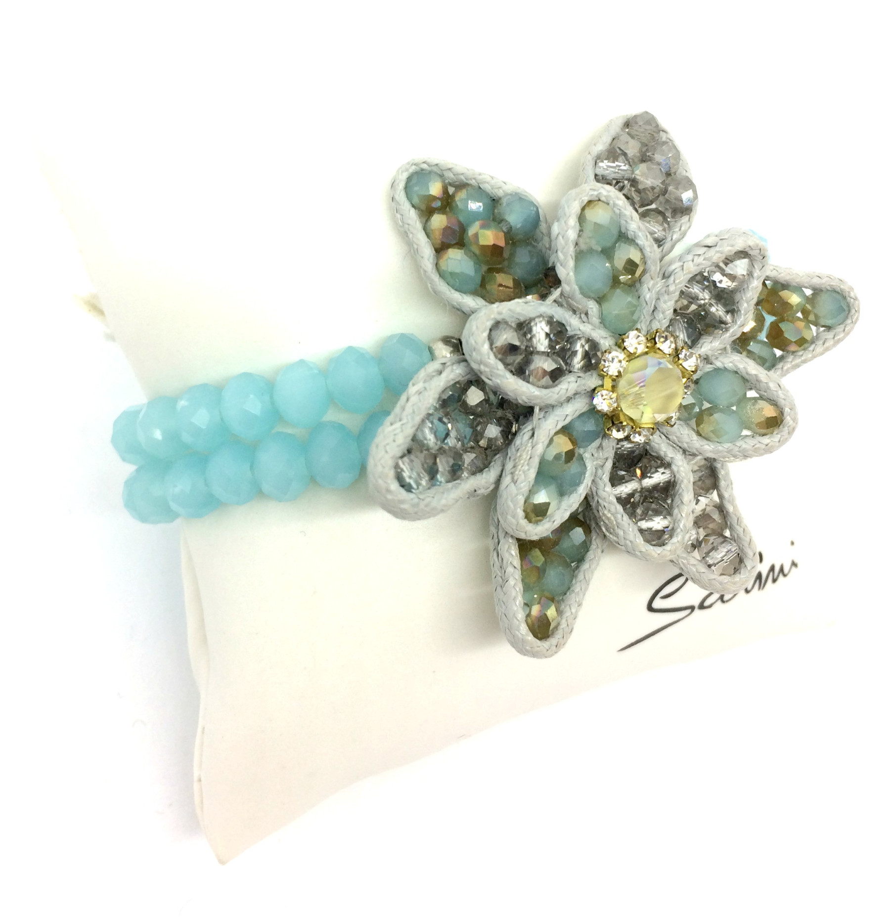 bracciale elastico con fiore di cristalli celeste e grigio art. B000180