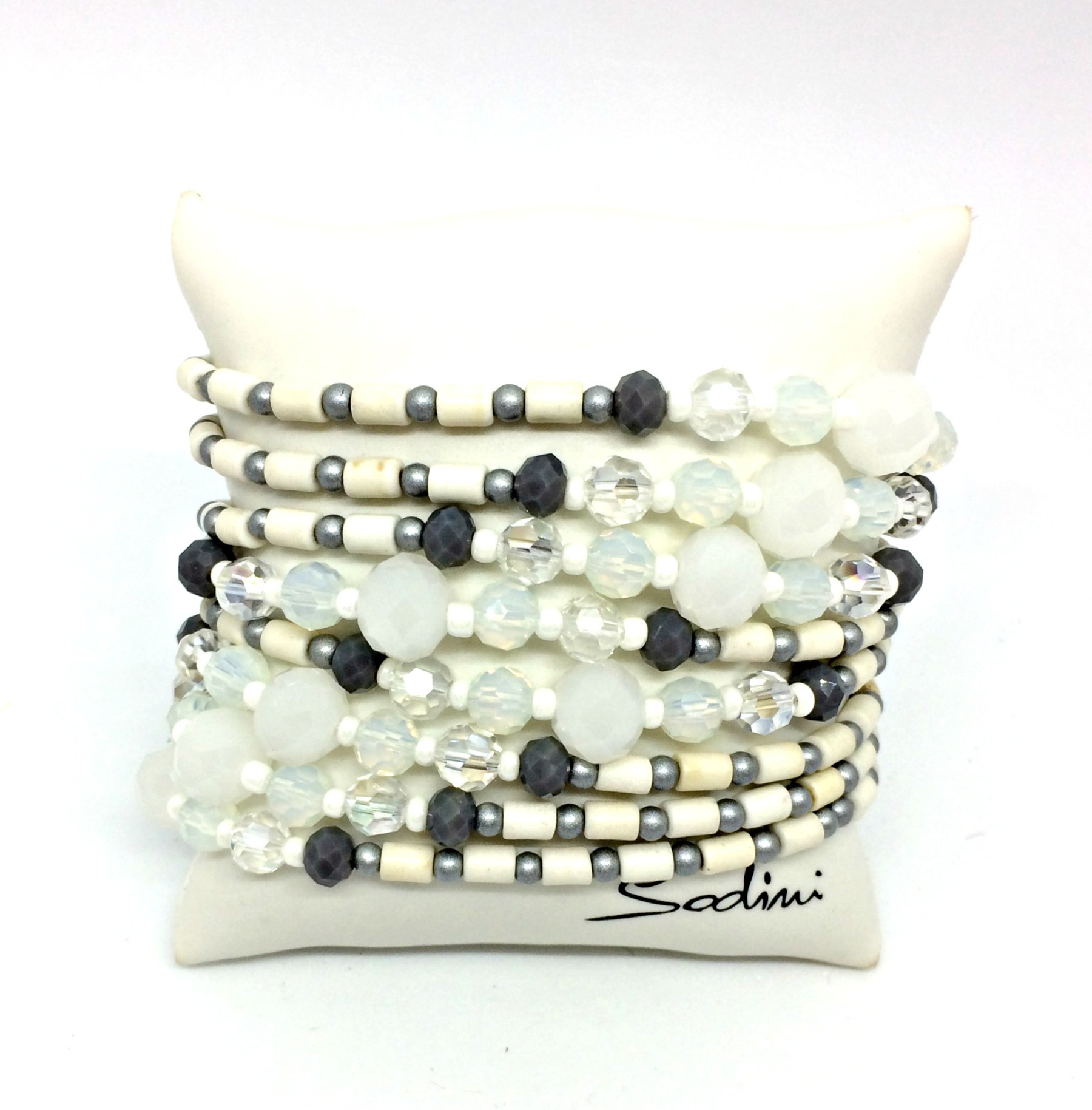 bracciale multifilo di perle e cristalli bianchi e grigi art. 61208A