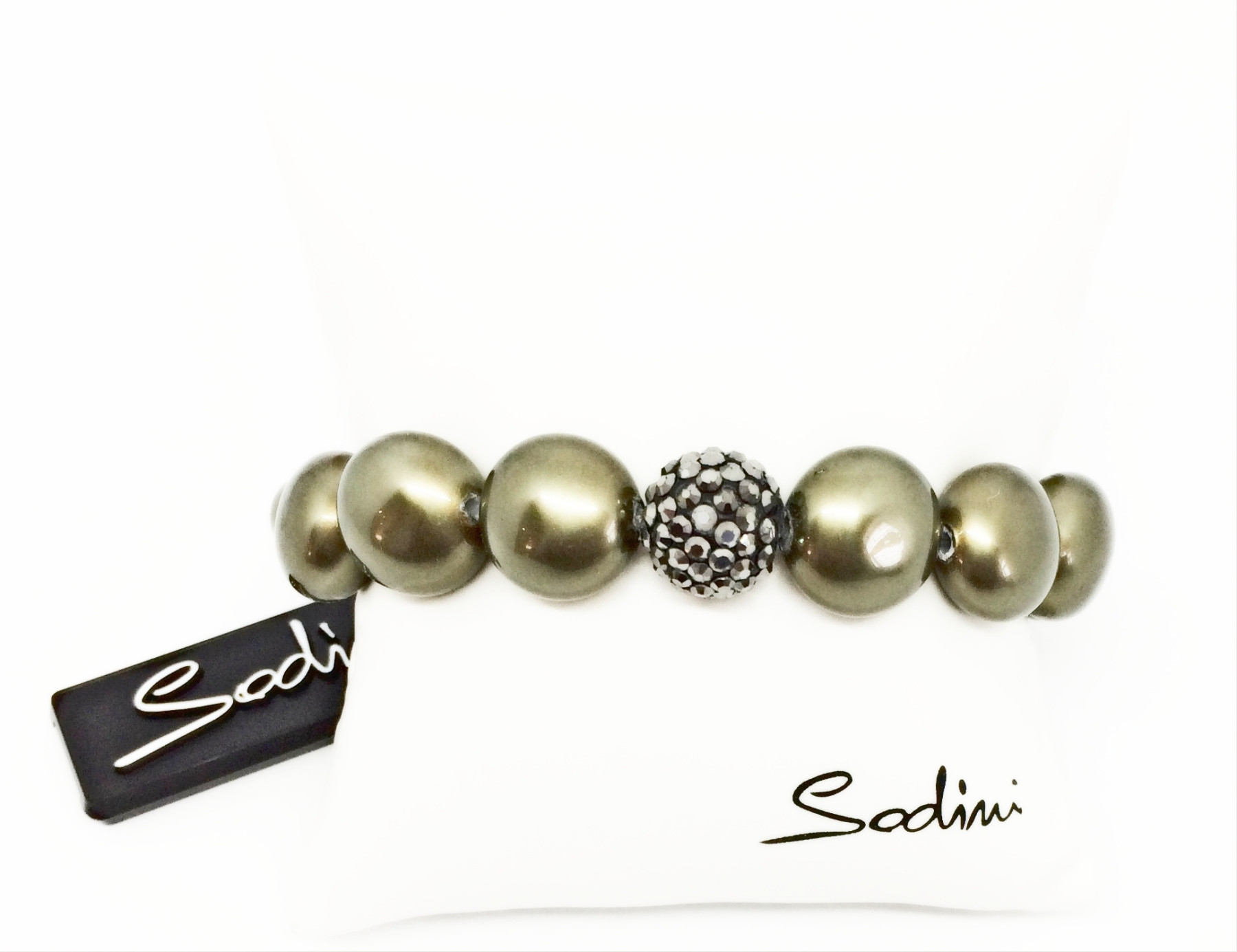  bracciale elastico di perle verde oliva schiacciate e strass grigi art. 930161BC