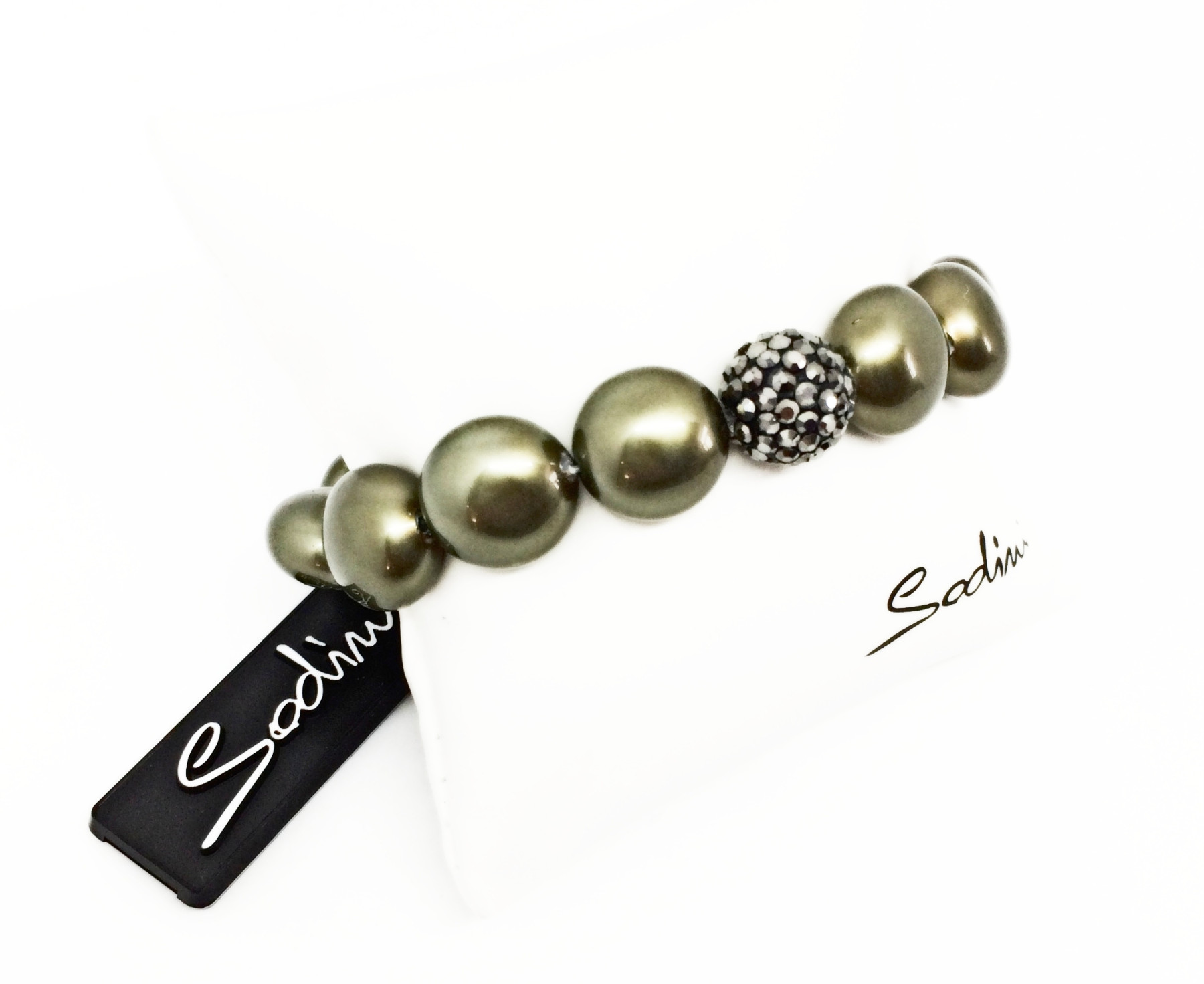  bracciale elastico di perle verde oliva schiacciate e strass grigi art. 930161BC