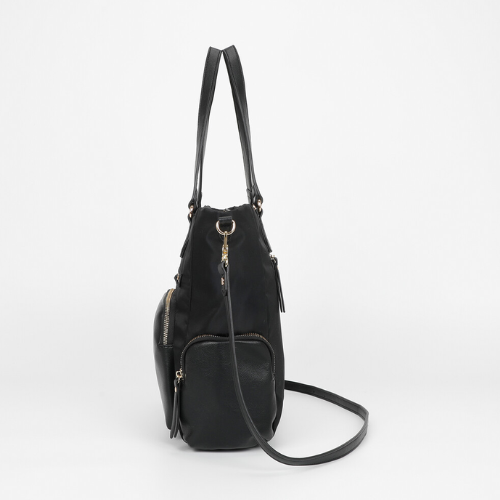 BORSA A SACCA IN NYLON CON DETTAGLI IN PU NERO