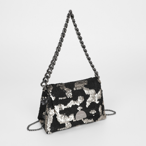 BORSA A MANO CON CATENA E PAILLETTES ARGENTO