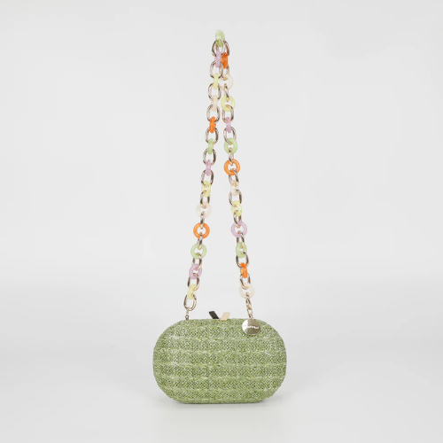 BORSA CLUTCH PAGLIA CON CATENA COLORATA VERDE SALVIA 