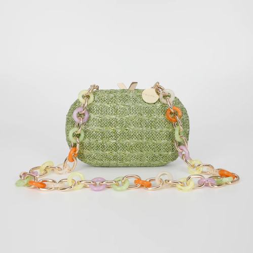 BORSA CLUTCH PAGLIA CON CATENA COLORATA VERDE SALVIA 