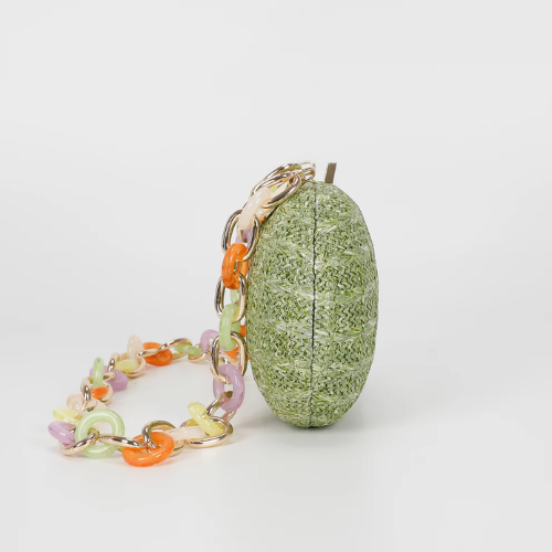 BORSA CLUTCH PAGLIA CON CATENA COLORATA VERDE SALVIA 
