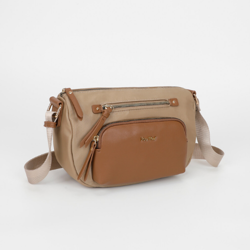 BORSA A TRACOLLA IN NYLON CON DETTAGLI IN PU BEIGE