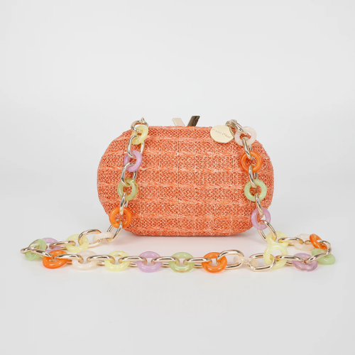 BORSA CLUTCH PAGLIA CON CATENA COLORATA ARANCIO 