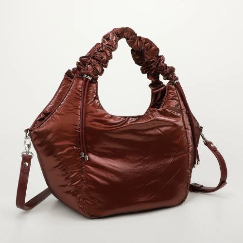 BORSA A SPALLA IN NYLON CON MANICO ARRICCIATO BORDEAUX