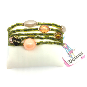 bracciale elastico multifilo verde e perle rosa art.  460333B