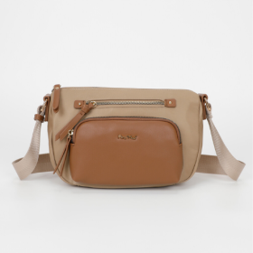 BORSA A TRACOLLA IN NYLON CON DETTAGLI IN PU BEIGE